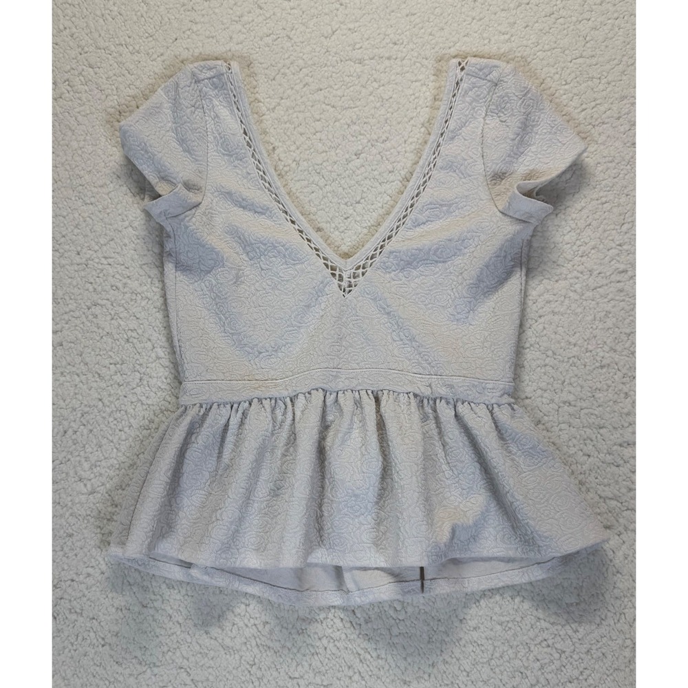 Free People Ivory Floral Jacquard Peplum Top Crochet Lace V-Neck Back Cutout SP
